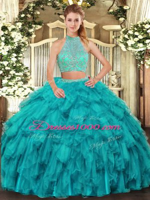 Excellent Turquoise Quinceanera Dress Military Ball and Sweet 16 and Quinceanera with Beading and Ruffles Halter Top Sleeveless Criss Cross