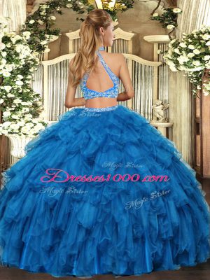 Excellent Turquoise Quinceanera Dress Military Ball and Sweet 16 and Quinceanera with Beading and Ruffles Halter Top Sleeveless Criss Cross