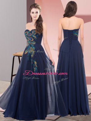 Colorful Chiffon Sweetheart Sleeveless Lace Up Embroidery Prom Evening Gown in Navy Blue