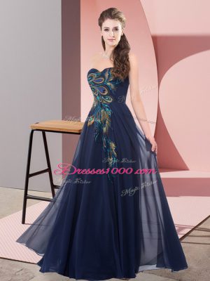 Colorful Chiffon Sweetheart Sleeveless Lace Up Embroidery Prom Evening Gown in Navy Blue