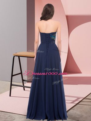 Colorful Chiffon Sweetheart Sleeveless Lace Up Embroidery Prom Evening Gown in Navy Blue