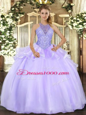 Modest Lavender Lace Up Sweet 16 Dress Beading Sleeveless Floor Length
