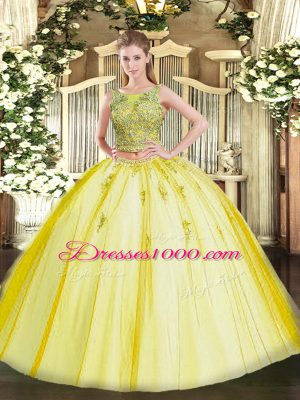 Yellow Scoop Lace Up Beading and Appliques Sweet 16 Quinceanera Dress Sleeveless