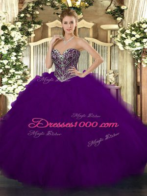 Shining Dark Purple Sweet 16 Quinceanera Dress Military Ball and Sweet 16 and Quinceanera with Beading and Ruffles Sweetheart Sleeveless Lace Up