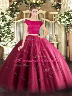 Latest Hot Pink Two Pieces Off The Shoulder Short Sleeves Tulle Floor Length Zipper Appliques Quinceanera Dress