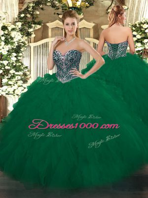 Great Dark Green Sweetheart Lace Up Beading and Ruffles Quince Ball Gowns Sleeveless