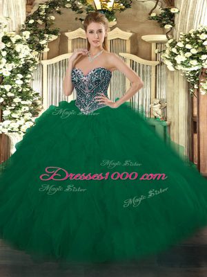 Great Dark Green Sweetheart Lace Up Beading and Ruffles Quince Ball Gowns Sleeveless