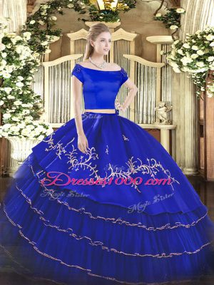Designer Royal Blue Two Pieces Off The Shoulder Short Sleeves Organza and Taffeta Floor Length Zipper Embroidery and Ruffled Layers Vestidos de Quinceanera
