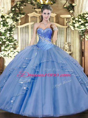 Luxury Aqua Blue Ball Gowns Sweetheart Sleeveless Tulle Floor Length Lace Up Beading and Ruffles Quinceanera Gowns