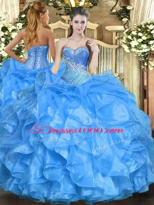 Custom Design Baby Blue Organza Lace Up Sweetheart Sleeveless Floor Length Quinceanera Dress Beading and Ruffles