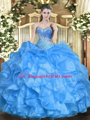 Custom Design Baby Blue Organza Lace Up Sweetheart Sleeveless Floor Length Quinceanera Dress Beading and Ruffles