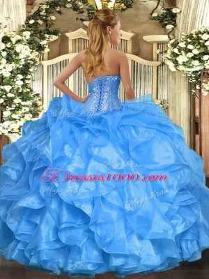 Custom Design Baby Blue Organza Lace Up Sweetheart Sleeveless Floor Length Quinceanera Dress Beading and Ruffles