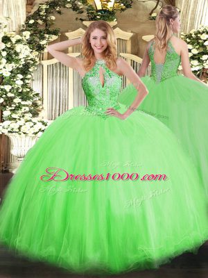 Beautiful Halter Top Sleeveless Lace Up Quinceanera Gown Tulle
