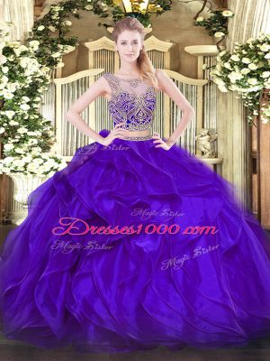Dynamic Scoop Sleeveless Organza Quince Ball Gowns Beading and Ruffles Lace Up