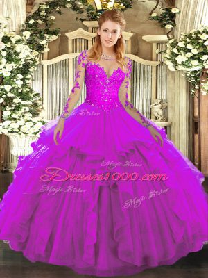 Luxurious Fuchsia Long Sleeves Lace and Ruffles Floor Length Quinceanera Gowns