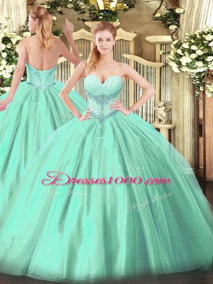 Sleeveless Tulle Floor Length Lace Up Quinceanera Gowns in Turquoise with Beading
