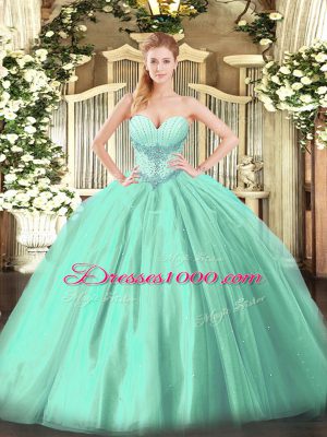 Sleeveless Tulle Floor Length Lace Up Quinceanera Gowns in Turquoise with Beading