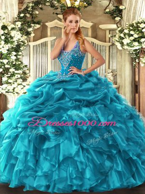 Captivating Straps Sleeveless Organza 15 Quinceanera Dress Beading and Ruffles and Pick Ups Lace Up