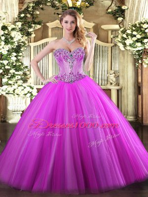 Fuchsia Tulle Lace Up Sweetheart Sleeveless Floor Length Ball Gown Prom Dress Beading