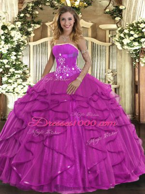 Fitting Strapless Sleeveless Tulle Quinceanera Dress Beading and Ruffles Lace Up