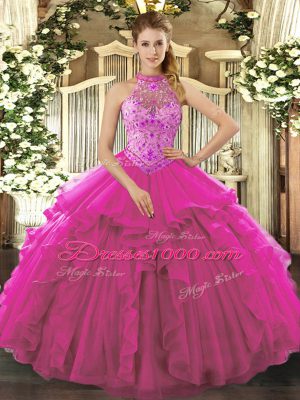 Fuchsia Sleeveless Organza Lace Up Vestidos de Quinceanera for Sweet 16 and Quinceanera