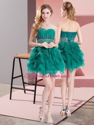Customized Sleeveless Lace Up Mini Length Beading and Ruffles Party Dress for Girls