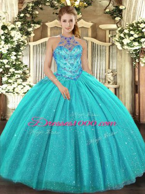 Perfect Floor Length Lace Up Quince Ball Gowns Aqua Blue for Military Ball and Sweet 16 and Quinceanera with Beading and Embroidery
