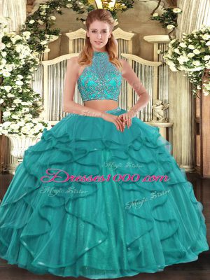 Fantastic Beading and Ruffled Layers Quinceanera Gown Turquoise Criss Cross Sleeveless Floor Length