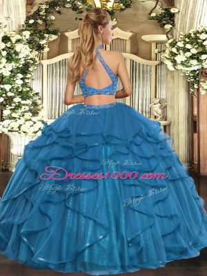 Fantastic Beading and Ruffled Layers Quinceanera Gown Turquoise Criss Cross Sleeveless Floor Length