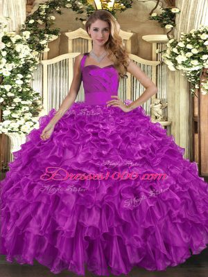High Quality Sleeveless Floor Length Ruffles Lace Up Quinceanera Dresses with Fuchsia