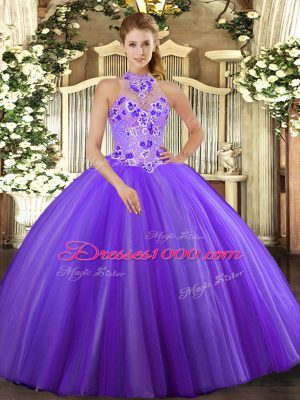Purple Lace Up Halter Top Embroidery Sweet 16 Dresses Tulle Sleeveless