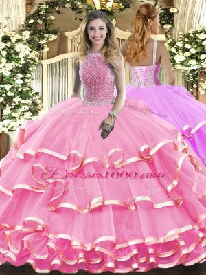 Sleeveless Organza Floor Length Lace Up Quinceanera Gowns in Rose Pink with Beading and Ruffled Layers