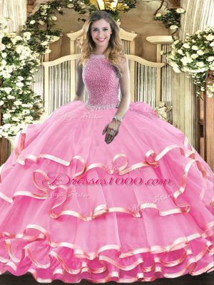 Sleeveless Organza Floor Length Lace Up Quinceanera Gowns in Rose Pink with Beading and Ruffled Layers