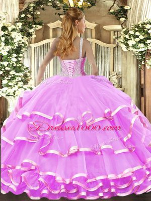 Sleeveless Organza Floor Length Lace Up Quinceanera Gowns in Rose Pink with Beading and Ruffled Layers