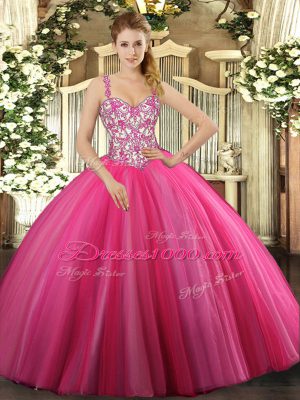 Straps Sleeveless Lace Up Vestidos de Quinceanera Hot Pink Tulle
