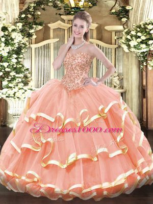 Floor Length Peach Quinceanera Dress Sweetheart Sleeveless Lace Up