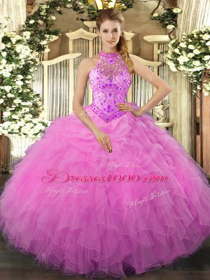 Modern Rose Pink Organza Lace Up Quinceanera Gowns Sleeveless Floor Length Beading and Ruffles