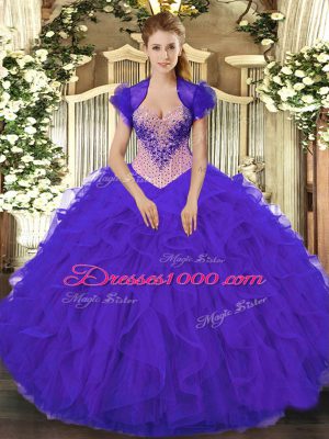 Amazing Purple Sweetheart Lace Up Beading and Ruffles Sweet 16 Quinceanera Dress Sleeveless