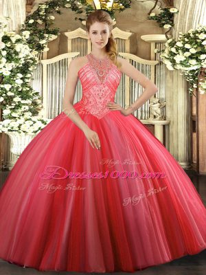 Floor Length Coral Red Vestidos de Quinceanera Tulle Sleeveless Beading