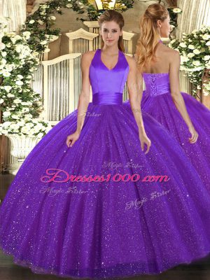 Flirting Ball Gowns 15 Quinceanera Dress Purple Halter Top Tulle Sleeveless Floor Length Lace Up