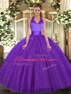 Flirting Ball Gowns 15 Quinceanera Dress Purple Halter Top Tulle Sleeveless Floor Length Lace Up