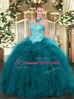 Free and Easy Teal Sleeveless Appliques and Ruffles Floor Length Quinceanera Gown