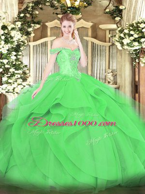 Sleeveless Tulle Floor Length Lace Up Sweet 16 Quinceanera Dress in Green with Beading and Ruffles