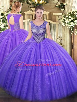Scoop Sleeveless Lace Up Quinceanera Gowns Lavender Tulle