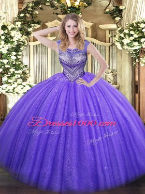 Scoop Sleeveless Lace Up Quinceanera Gowns Lavender Tulle
