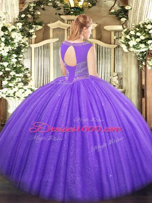 Scoop Sleeveless Lace Up Quinceanera Gowns Lavender Tulle