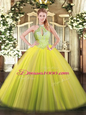 Halter Top Sleeveless Tulle Quince Ball Gowns Sequins Lace Up