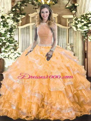 Luxury Orange Lace Up Quince Ball Gowns Beading and Ruffled Layers Sleeveless Floor Length