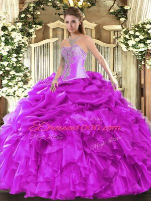 High Class Floor Length Lace Up Quinceanera Dress Fuchsia for Military Ball and Sweet 16 and Quinceanera with Beading and Ruffles and Pick Ups