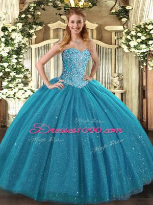 Sweetheart Sleeveless Lace Up Quinceanera Dress Teal Tulle